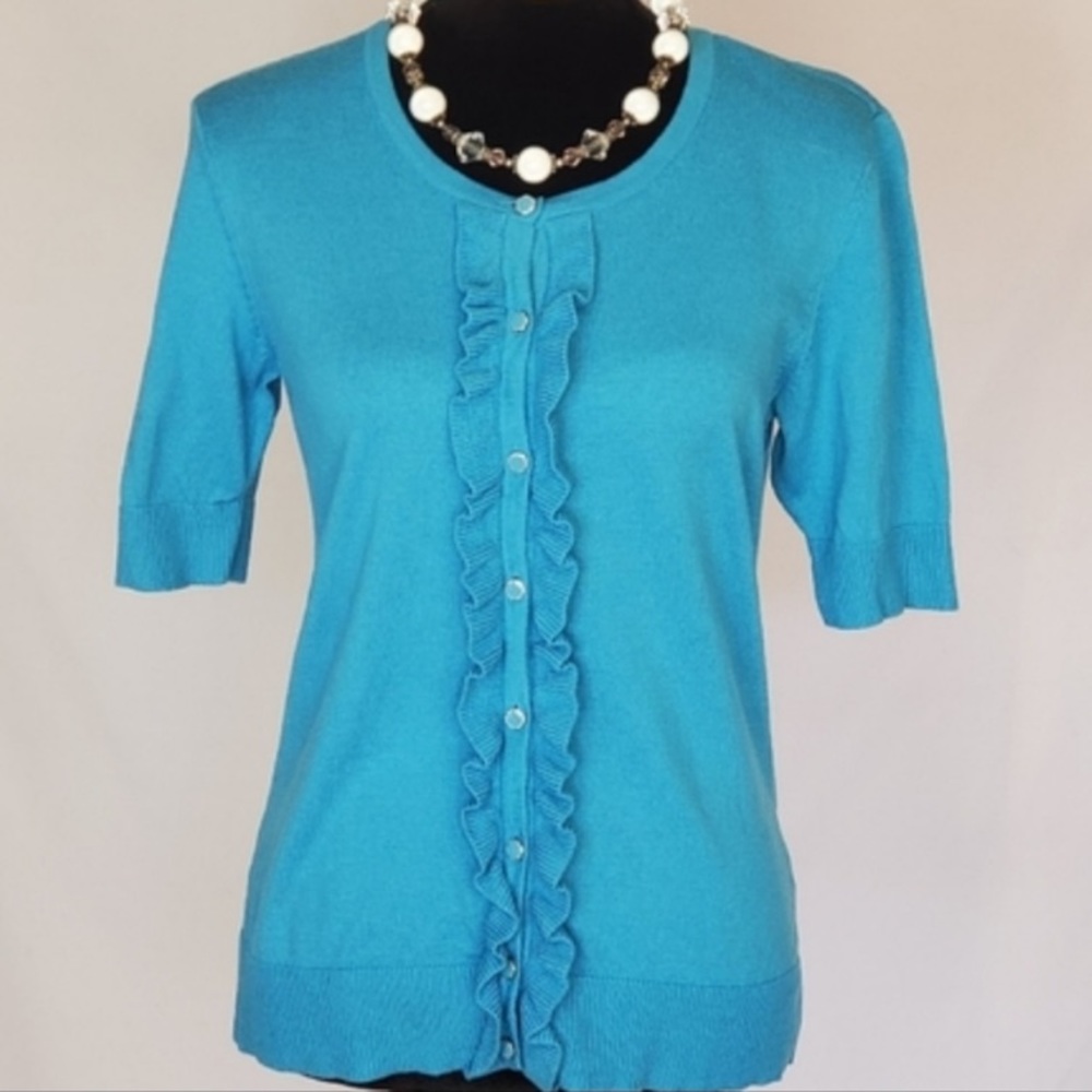 7th Ave New York & Co. Turquoise Button Up Cardigan with Ruffles